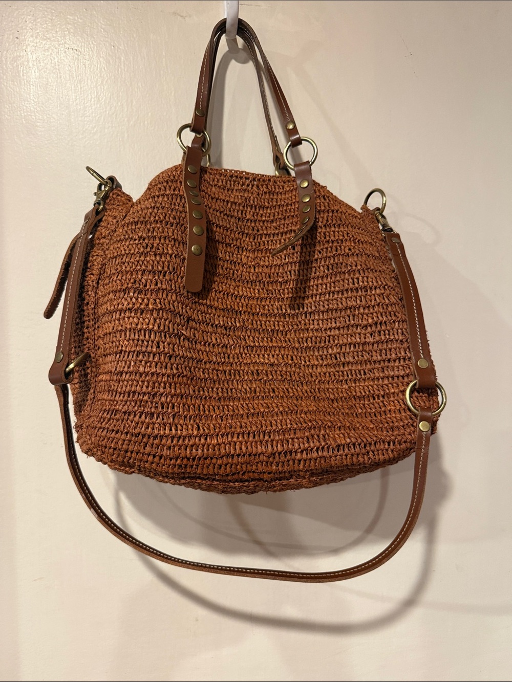 Sans-Arcidet Paris Woven lined Raffia Bag in Rust  with Leather Trim